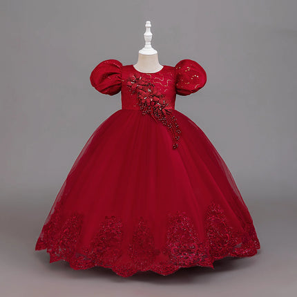 Elegant Bridesmaids Party Girls Dresses Puff Sleeve Tulle Wedding Costume Flower Birthday Princess Dress Girls Baptism Prom Gown