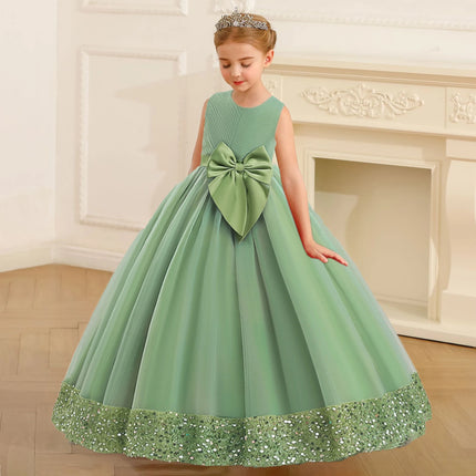 Fluffy Sequin Bridemaid Princess Girls Dress Elegant Bow Pink Wedding Prom Evening Kids Party Dresses for Girl Birthday Costumes