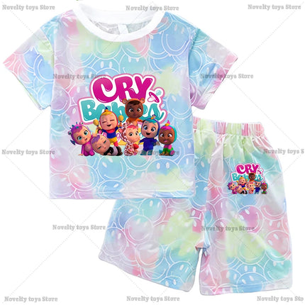 Crying Babies T-shirt Set Children Summer Clothing Girl Cartoon Anime Short Sleeve Sets Leisure Kawaii Clothes Kid Cute Tee Gift