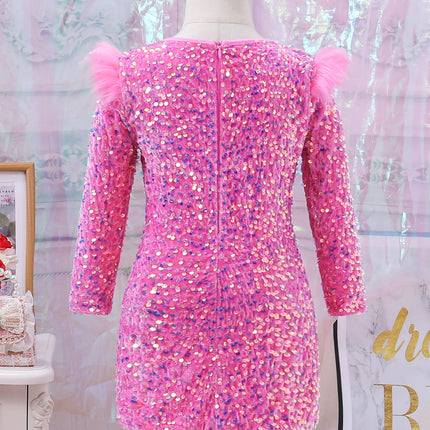 Cute Stylish Girls Pink Sequined Round-Neck Ceremonial Dress Spring Autumn Fashionable Kids' Special Occasion Outfit
