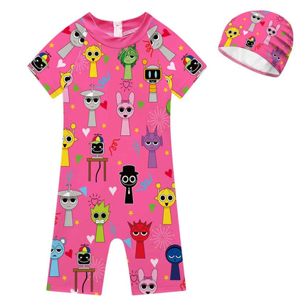 Summer Sprunki Plush Swimwear Kids Costume Toddler Baby One-piece Swimming Cap Bathing Suit Boys Girls Sprunki Print Beachwear