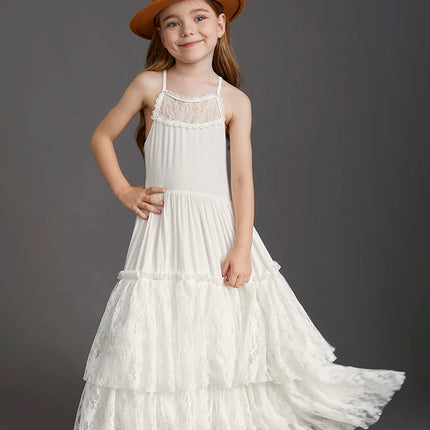 Big Girls Flower Wedding Party Backless Chiffon Dress Princess Kids Bohemia Lace Long Dresses Vestidos Clothing For 3-15 Years
