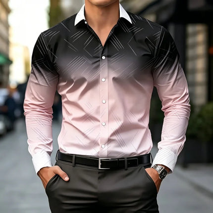 Men's shirt new color gradient geometric lines men's long sleeved shirt business slim fit lapel comfortable men's clothing