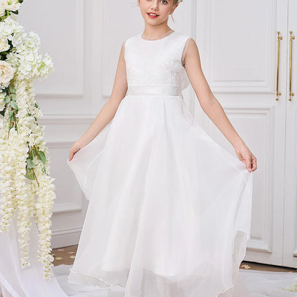Fashion White Bridesmaids Party Girl Dress Elegant Flower Wedding Princess Prom Gown Kids First Communion Birthday Baptism Dress