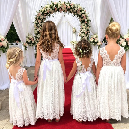 White Lace Flower Girl Dress with Big Bow Elegant Sleeveless A-Line Ball Gowns Formal Communion Wedding Party Dresses