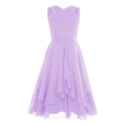 Shiny Rhinestone Chiffon Party Dress for Kids Girls Elegant Princess Birthday Formal Wedding Gown Sleeveless Knee-length Dresses