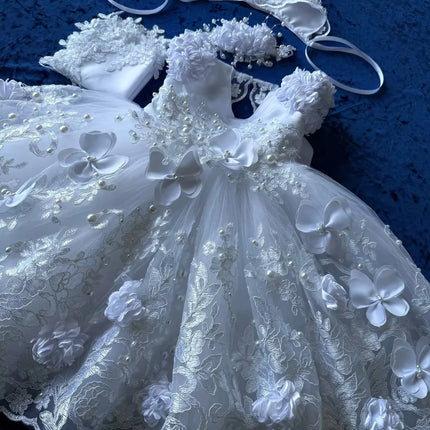 Cute Lace Baptism Christening Gown With Bonnet Outfit Baby Girls White Party Birthday Gown Wedding 3D Flower Girl Dress