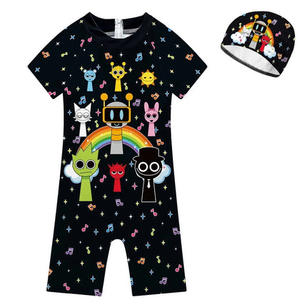 Summer Sprunki Plush Swimwear Kids Costume Toddler Baby One-piece Swimming Cap Bathing Suit Boys Girls Sprunki Print Beachwear