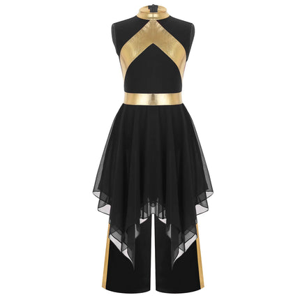 Kids Girl Worship Praise Dance Outfit Metallic Contrast Color Sleeveless Asymmetrical Hem Dress+Wide-Leg Pants for Church Events