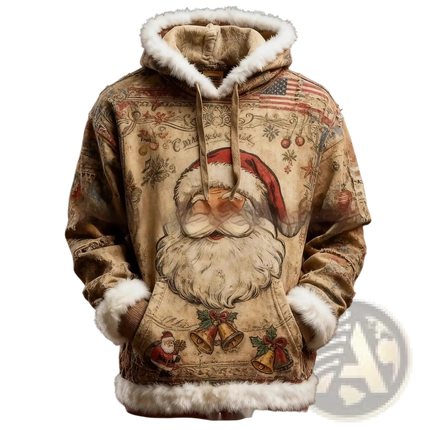 Faux Fur Trim Santa Claus Hoodie with American Flag Print