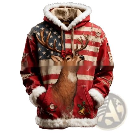 Faux Fur Trim Santa Claus Hoodie with American Flag Print