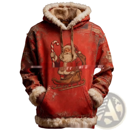 Faux Fur Trim Santa Claus Hoodie with American Flag Print