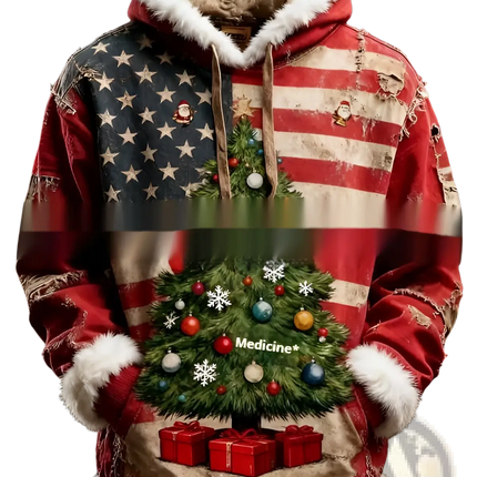 Faux Fur Trim Santa Claus Hoodie with American Flag Print