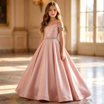 White Elegant Satin Child Wedding Party Dresses Long Beaded Off Shoulder Birthday Flower Girl DressFormal Evening Gowns forGirls