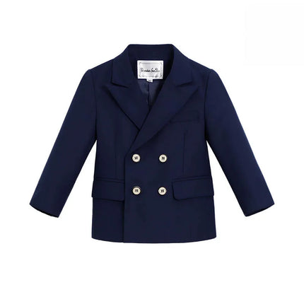 School Boys Navy Blue 5Pieces/Set Jacket Vest Pants Bowtie Flower Photograph Suit Kids Birthday Dress Children Wedding Custome