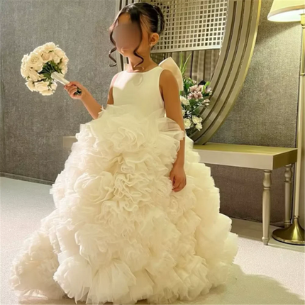 Luxury White Ivory Flower Girl Dresses Pearls Dubai Kids Princess Birthday Wedding Party Children Holiday Gown