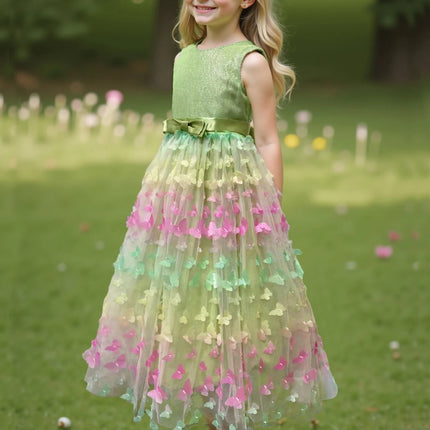 Girl's New Three-Dimensional Butterfly Sleeveless Mesh Bow Long Princess Dress Wedding Flower Girl Birthday Party Elf Dress