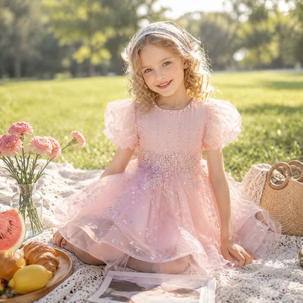 Children's Puff Sleeve Princess Dress Export Flower Girl Printed Short Dress Wedding Dress Girls High-End Tutu Skirt Europe