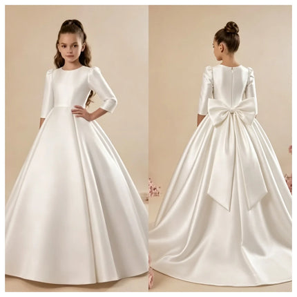Custom Girls First Communion Dress 2025 New Long Sleeve Matte Satin A-Line Tail Evening Gown Girls Wedding Party Princess Dress