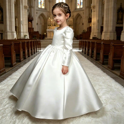Modest Plain White Satin First Holy Communion Dress Long Puff Sleeve Pearl Button Back Kids Church Gown Flower Girl Dress