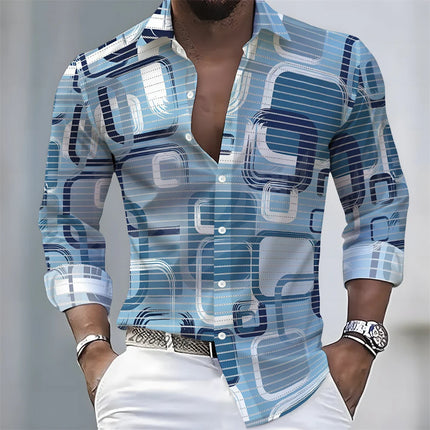 Men's Light Luxury Style Color Block Print Long-Sleeve Shirt, Business Casual Versatile Lapel Loose Fit Fashion Shirt