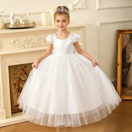 Children Girls Elegant Birthday Tulle Princess Dress Bow Wedding Party Gown For Kids Formal Evening White Pearls Bowknot Vestido