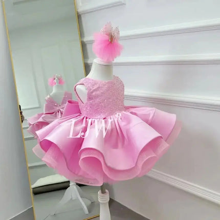 V-Neck Pink Glitter Flower Girl Wedding Dress Baby First Christmas Dress Elegant Birthday Party Girls Dress Ballet Girls Costume