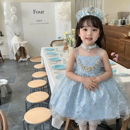 Summer Girls Korea Birthday Lace Blue Cute Shiny Wedding Ball Gown Bow Party Dress Princess Floral Baby Children Lolita Skirts