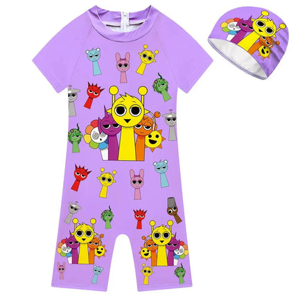 Summer Sprunki Plush Swimwear Kids Costume Toddler Baby One-piece Swimming Cap Bathing Suit Boys Girls Sprunki Print Beachwear