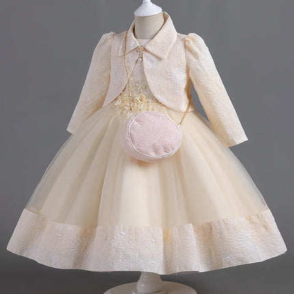 2024 New Girls' Gowns Puffy Yarn Princess Dress Three Piece Set High end Long Sleeve Birthday Wedding Dress