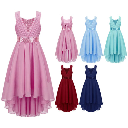 Kids Girls Sequins Ruched Party Birthday Wedding Bridesmaid Dress Sleeveless High-low Hem Summer Chiffon Princess Dress