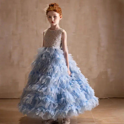 Jill Wish J299 Elegant Blue Feather Flower Girl Dress Pearls Princess Children Wedding Birthday Pageant Party Evening Gown