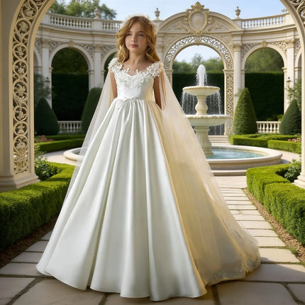 Children's White Satin Cape Princess Dress, Girl's Lace Dress, Wedding Flower Girl, Birthday Party and Grand Ceremony Catwalk