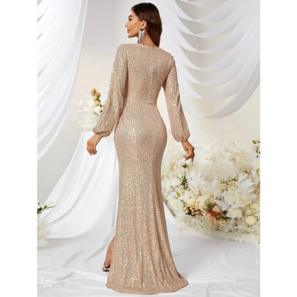 Gold Sequined Long Sleeve High Slit Fishtail Dress