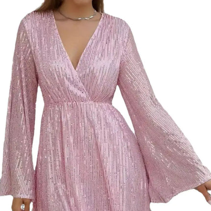 Gold V-Neck Sequin Waist Slimming Senior Party Dress