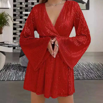Gold V-Neck Sequin Waist Slimming Senior Party Dress