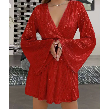 Gold V-Neck Sequin Waist Slimming Senior Party Dress