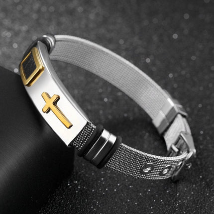 Silver mesh cross bracelet gold raised cross black for men bangle stainless steel engraved cuff heavy design christian jewelry jewellery