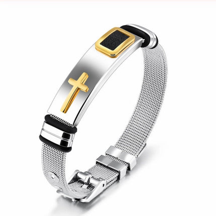 Silver mesh cross bracelet gold raised cross black for men bangle stainless steel engraved cuff heavy design christian jewelry jewellery