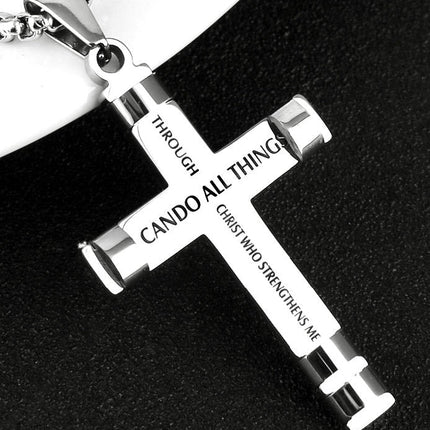 I can do all things Cross Necklaces for Men Silver Black through christ who strengthens me Pendant Stainless Steel Chain Philippians 4:13