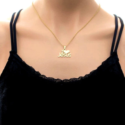 High Luster I Love Jesus Monogram Gold Choker Necklace Pendant Necklace for Women Girls Cross of Jesus Jewelry Jewellery