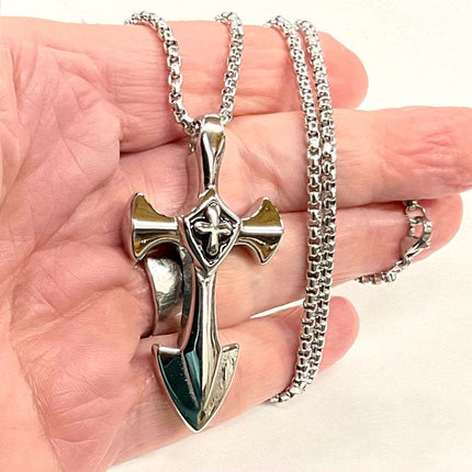 Massive Knights Templar Crucifix and Cross Necklace Silver Waterproof Stainless Steel Chain Thick Jewelry Boys Jewellery Cross of Jesus