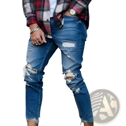 Men's Distressed Blue Denim Ripped Knee Jeans