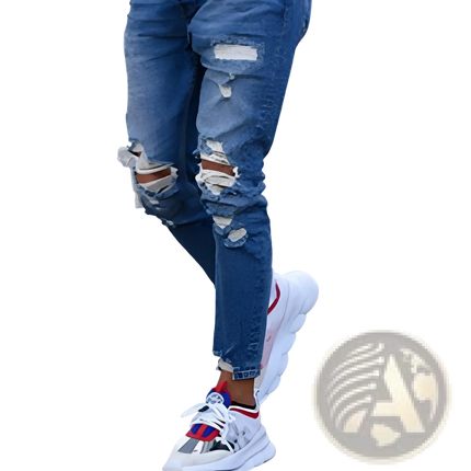 Men's Distressed Blue Denim Ripped Knee Jeans