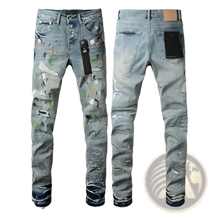 Men's Distressed Slim Fit Patchwork Denim Jeans