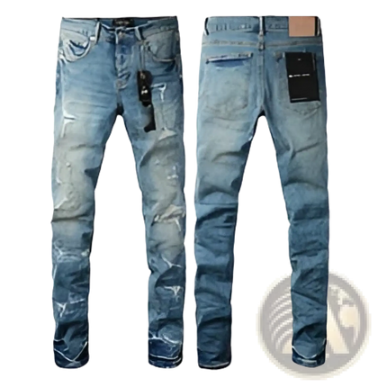 Men's Distressed Slim Fit Patchwork Denim Jeans