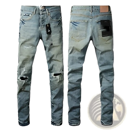 Men's Distressed Slim Fit Patchwork Denim Jeans