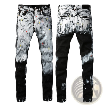 Men's Distressed Slim Fit Patchwork Denim Jeans