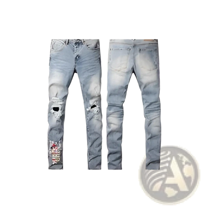 Men's Distressed Slim Fit Patchwork Denim Jeans