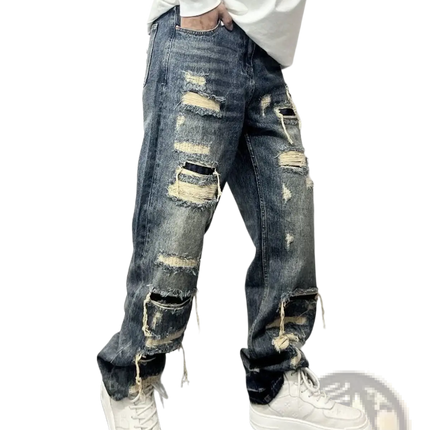 Men's Light Blue Distressed Ripped Patch Denim Jeans